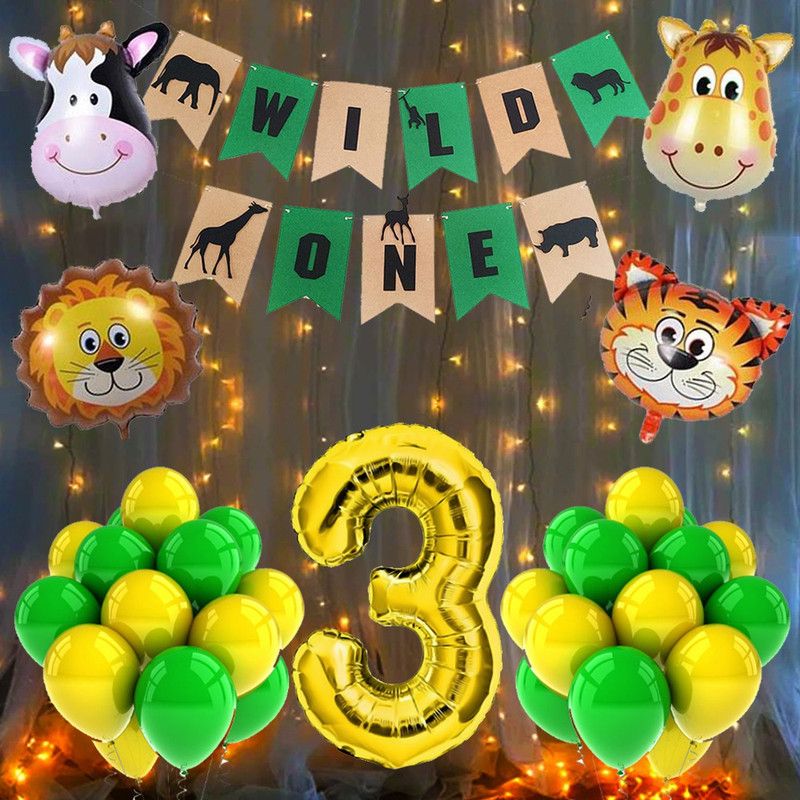Rozi Decoration Wild Three Jungle Theme Decor Led Light, Number Foil , 4 Animal Foil Pcs Combo Set of 37 for Baby Girl & Boy Kids 3 Year Birthday Party Decoration Items  (Set of 37)