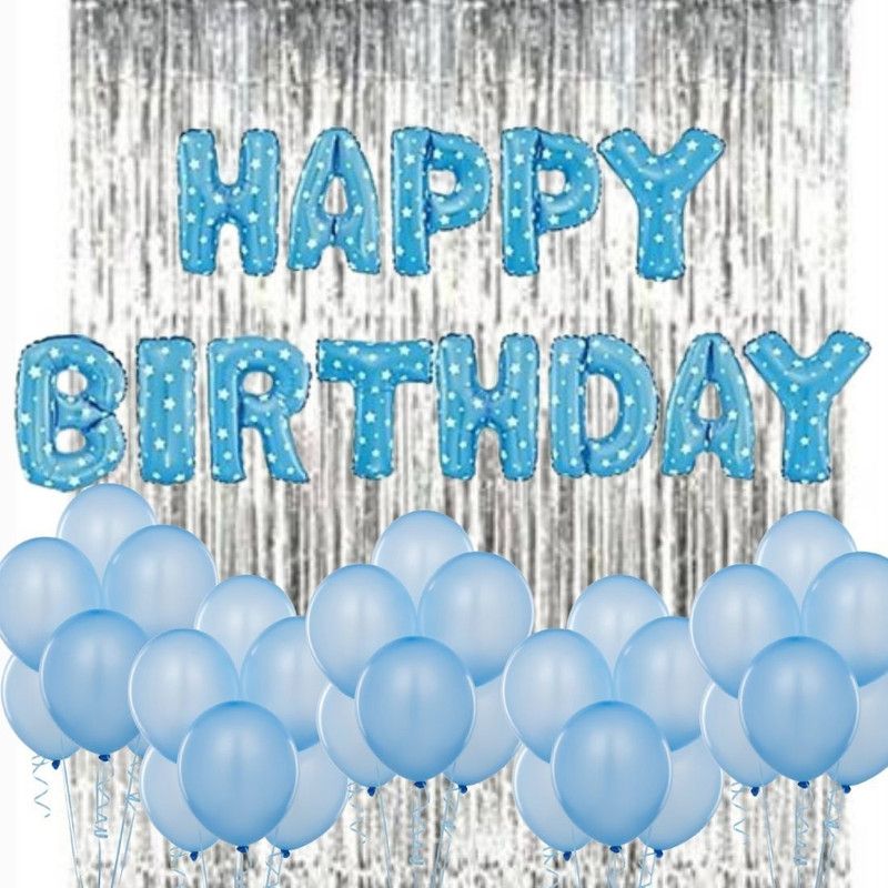 B4 Happy Birthday Decoration 35 Pc Combo, Foil Balloon, 1 Silver Curtain, 20 Light Blue Balloons  (Set of 35)