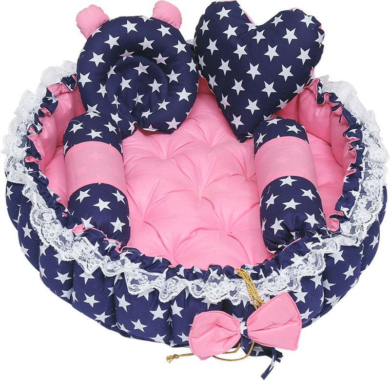 Baby Khazana Round Baby Tub Bed with 4 Multishaped Pillows Cotton Baby Bed Sized Bedding Set  (Pink)