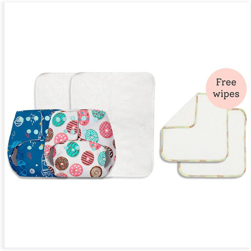 Basic Pack of 2 Reusable Freesize Cloth diapers with 2 dry feel inserts + 2 Reusable Wipes | Option 4