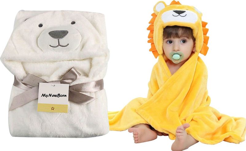 My New Born Animal Single Hooded Baby Blanket for AC Room  (Polyester, Yellow::White)