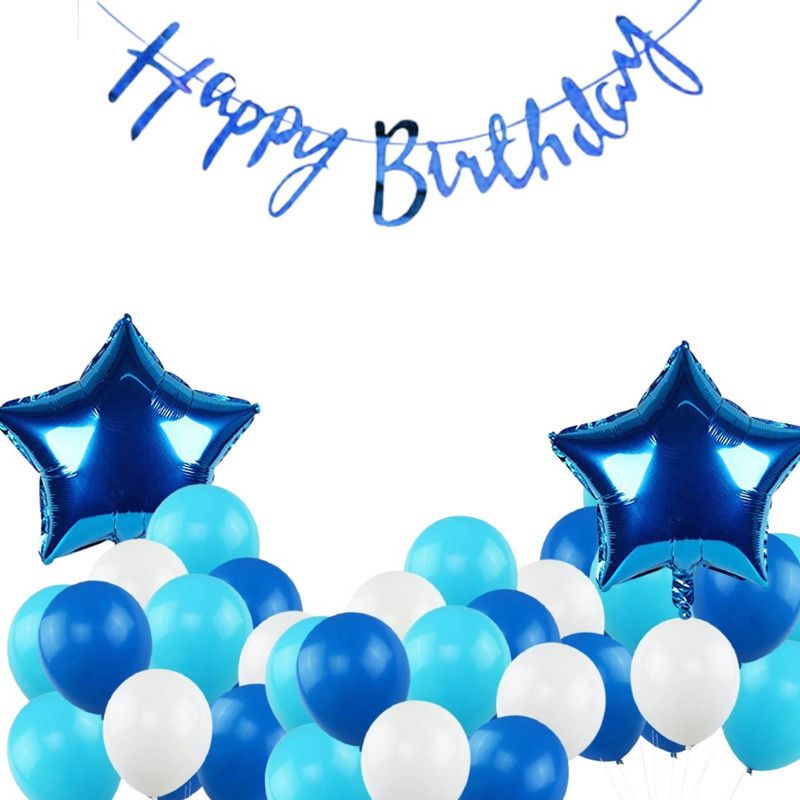 B4 Birthday Combo Blue Bunting + 30 Blue+Light Blue +White Balloon +2 Blue Star  (Set of 33)