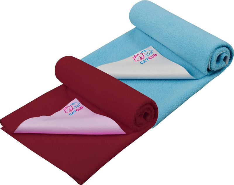 CATCUB Fleece Baby Bed Protecting Mat  (Blue, Maroon, Small, Pack of 2)