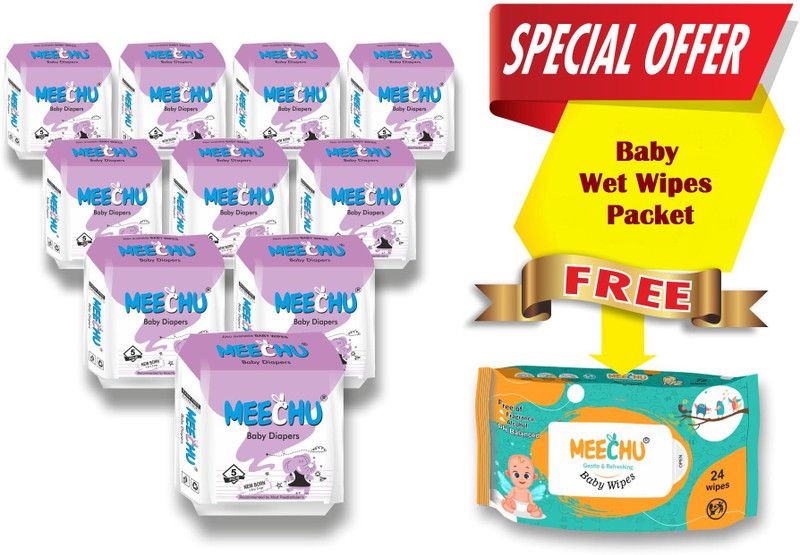 MEECHU Baby Diapers (New Born) Combo Pack of 10 With One 24's Wipes Pack Free - XS  (50 Pieces)