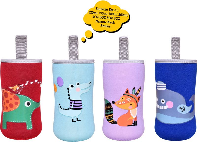 Miss & Chief by Flipkart Cute Animated Patterned Soft Stretchable Baby Feeding Bottle Cover with Easy to Hold Strap for 120ml, 150ml, 180ml & 240ml (Elephant, Dinaosaur, Fox & Fish, Pack of 4)  (Multicolor)