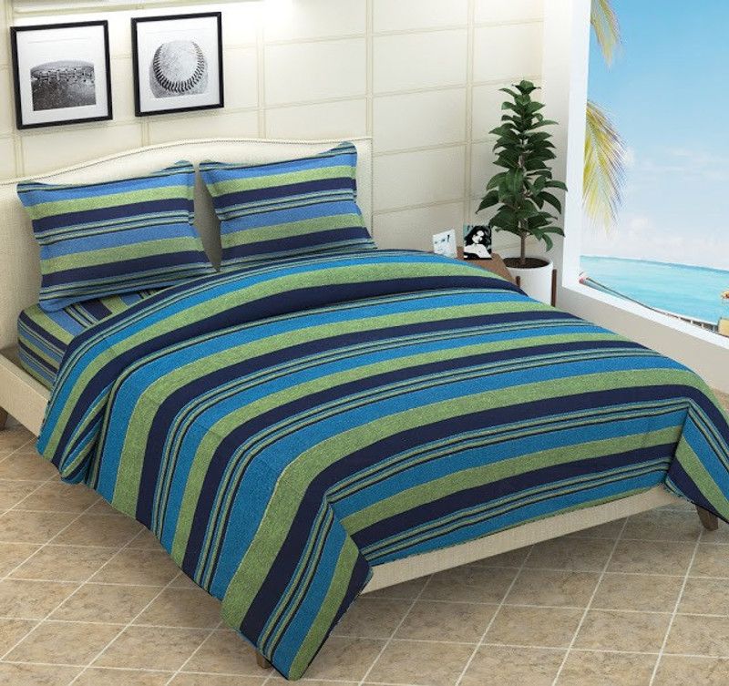 KACHVI 180 TC Cotton Double Striped Flat Bedsheet  (Pack of 1, Blue)