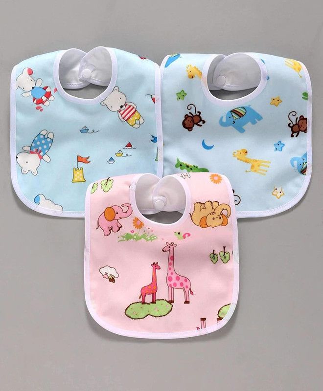 New Bornbaby hub Baby Soft Feeding Bibs/Apron Cute Print|With Tich Button For Feeding (Pack Of 3)  (Pack Of 3)