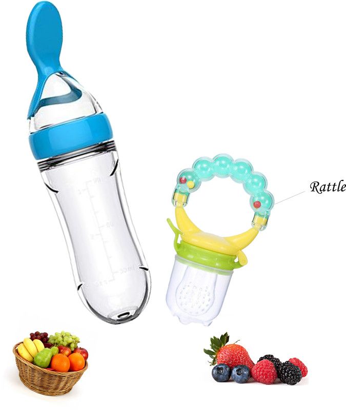 Mojo Galerie Feeding Combo Pack Self-Soothing Green Rattle Fruit & Blue Spoon Feeder - Silicon  (Blue - Green Rattle)