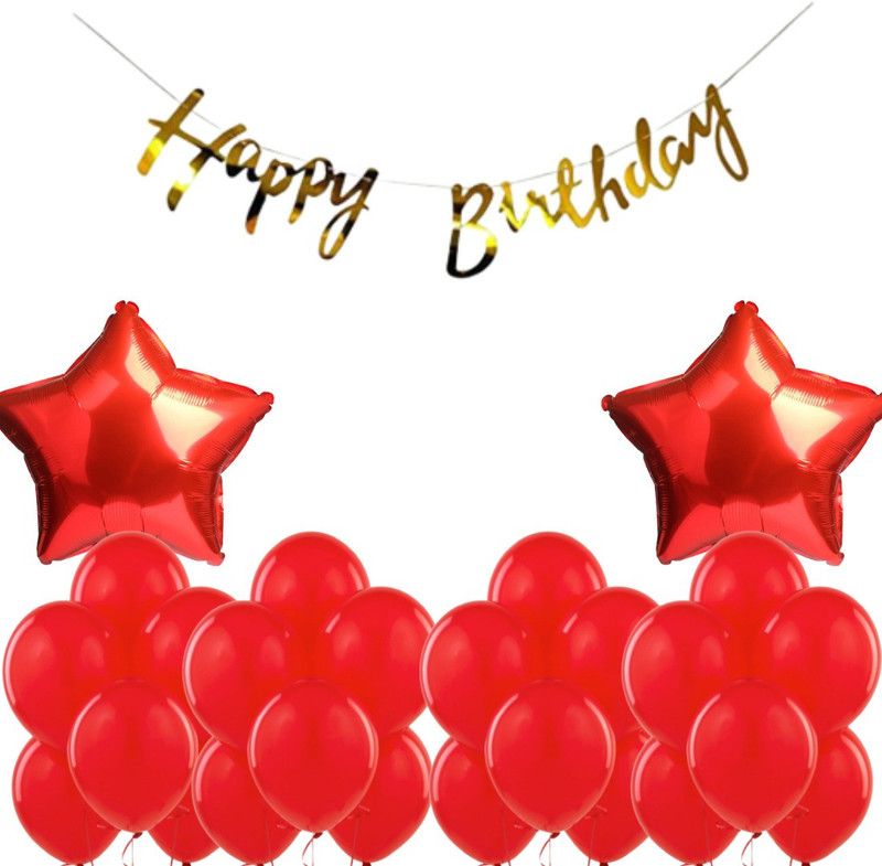 B4 Birthday Combo Gold Bunting + 30 Red Balloon +2 Red,Red Star  (Set of 33)