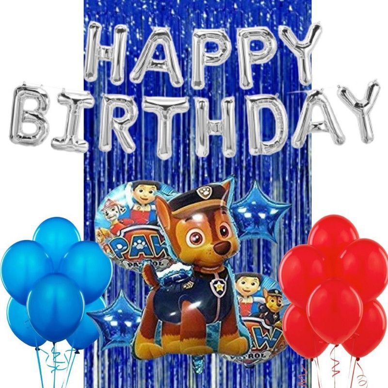Wonder Paw Patrol Chase Birthday Decoration 49 Pc Kit for Kids, Silver HBD Foil Balloon, 30 Blue Red Balloon, Blue Curtain  (Set of 49)