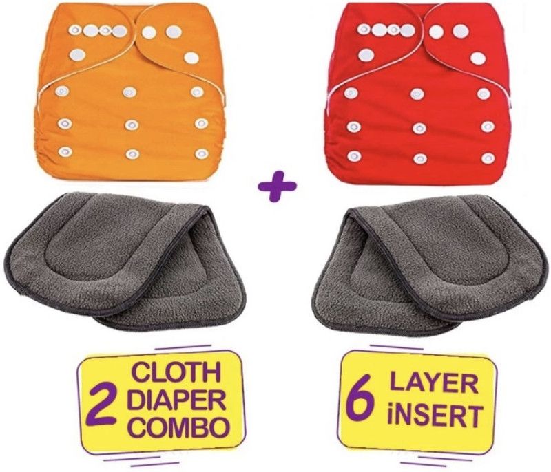 kogar All New Premium Red Orange Cloth Button Diaper With Black Insert for Baby New Born to 2 Year ( 2 Diaper +2 Inset)D2 - M - L  (4 Pieces)