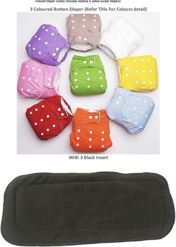 kistapo 100% Cloth Diapers for Babies (3Months - 3 Years), Reusable, Washable with Adjustable Snap Buttons with Charcoal Black Insert | Colors of Diapers skyblue yellow purple - New Born  (6 Pieces)