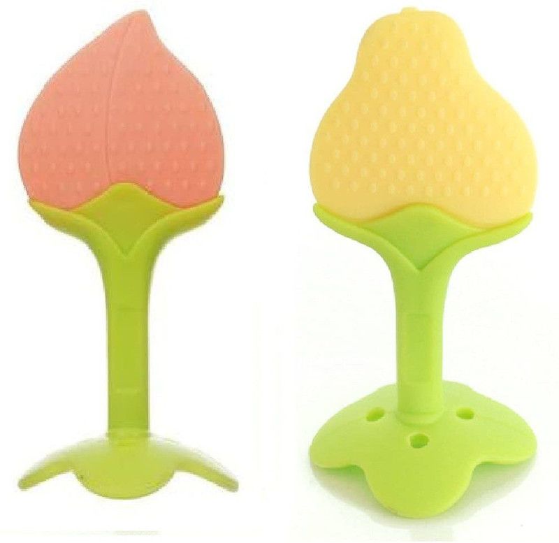ribboon blue Silicone Baby Teether, Fruit Shape, Baby Toys, Teether ( Peach And YELLOW ) Teether and Feeder (Multicolor) PACK OF 2 Teether Teether  (Peach And Yellow)
