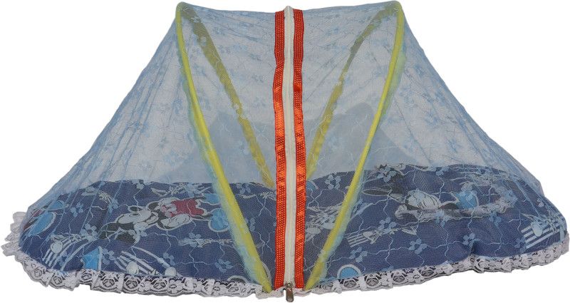Homecute Polyester Kids Washable Baby Foldable Mattress, Pillow with Embroidery Mosquito Net  (Blue, Frame Hung)