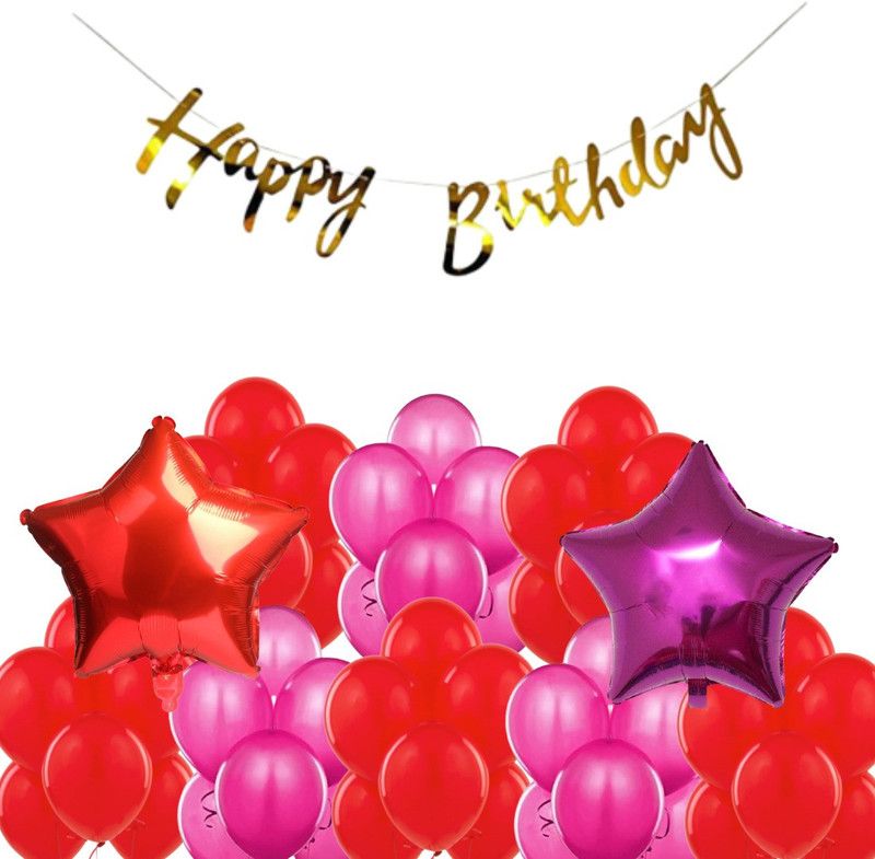 B4 Birthday Combo Gold Bunting + 30 Red+Met Pink Balloon +2 Red,Pink Star  (Set of 33)