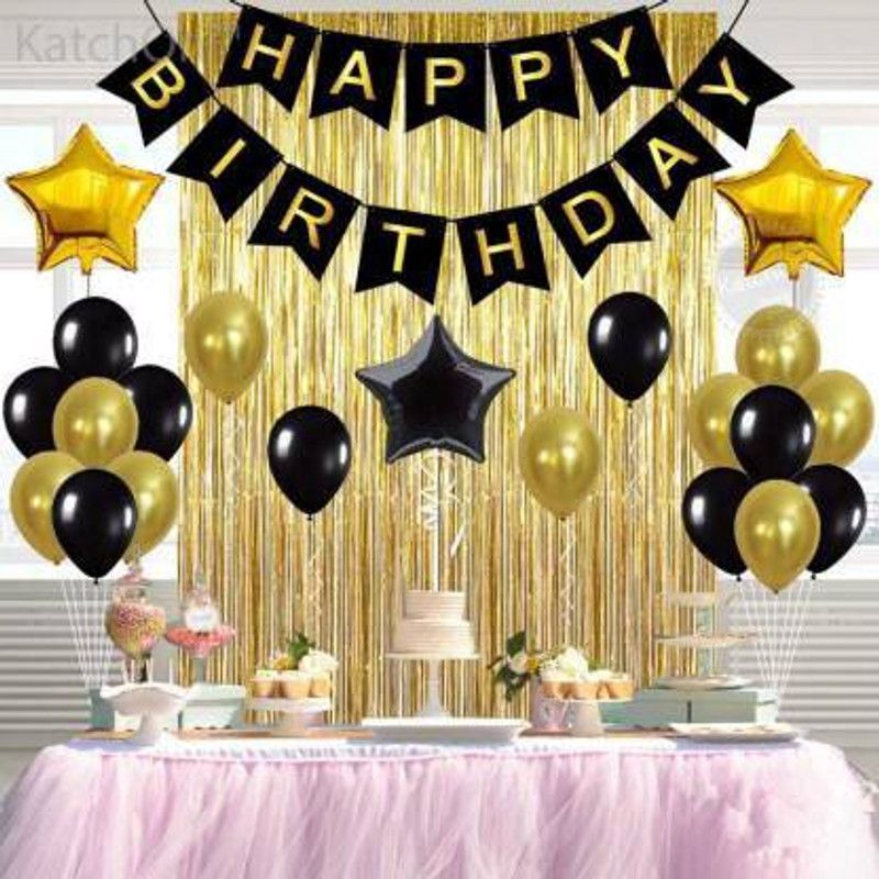 Yash Enterprises Happy Birthday Banner 3 Star Foil Balloon 2 Curtain 50 Black Gold 60 Balloon  (Set of 60)