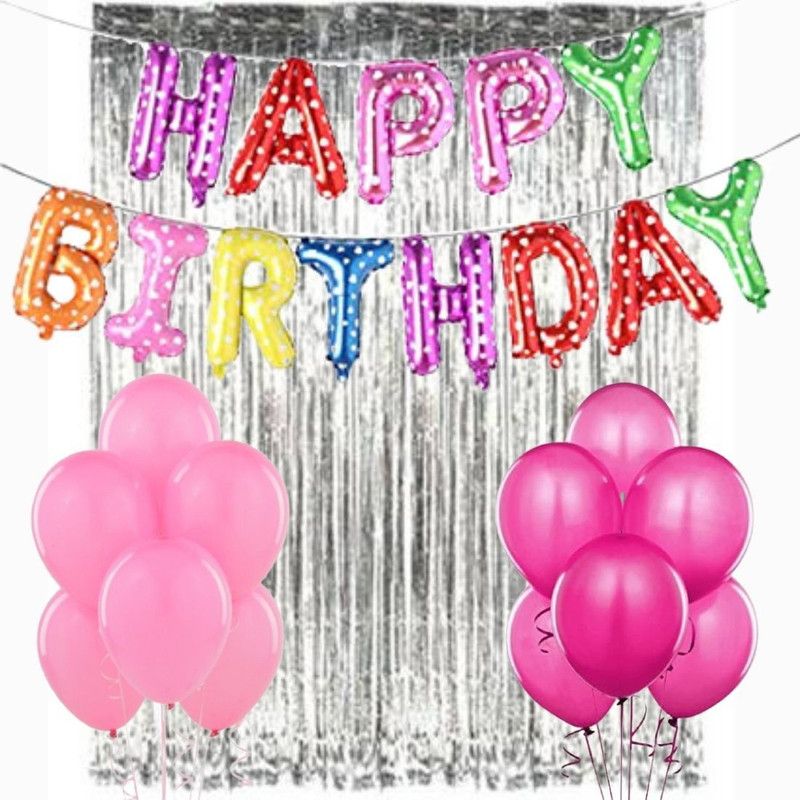 B4 Kids Birthday Decoration 13 Letter Multicolor Printed Foil Balloon, 30 Metallic Pink Pastel Pink Party Balloon 1 Silver Curtain  (Set of 45)