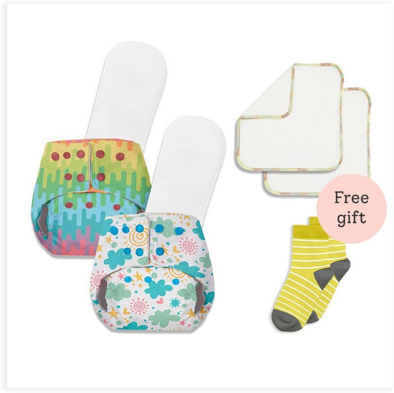Basic Pack of 2 Reusable Freesize Cloth diapers with 2 dry feel inserts + 2 Reusable Wipes + Socks for babies | Option 2