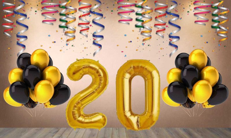 Balloonistics Gold Number 20 Foil Balloon and 25 Nos Black Gold Metallic Shiny Latex Balloon  (Set of 1)