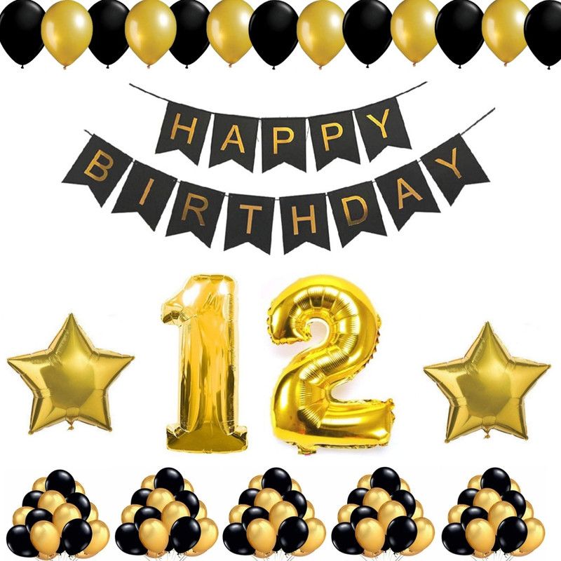 Alaina Happy Birthday Decoration Kit 55 Pcs Combo Pack - 1 Set of Happy Birthday Banner + 50 Pcs Metallic Balloons + 2 Pcs Golden Foil Stars + 12 Number Foil in Golden Color  (Set of 55)