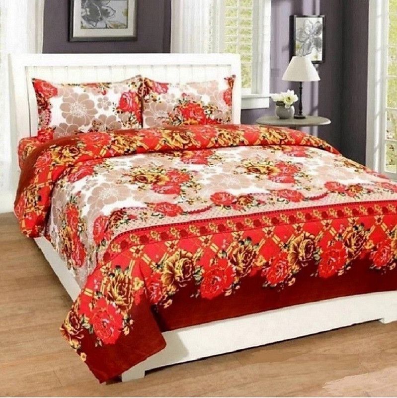 CRAFTWELL 144 TC Microfiber Double Floral Flat Bedsheet  (Pack of 1, Orange)