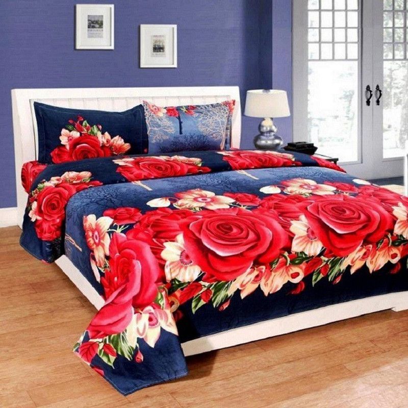 DEKORIFY 144 TC Microfiber Double Floral Flat Bedsheet  (Pack of 1, BLUE PED JAISI)