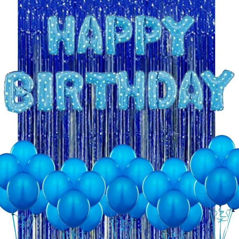 B4 Happy Birthday Decoration 35 Pc Combo, 16 Inch Blue Printed Foil Balloon, 1 Blue Curtain, 20 Blue Balloons  (Set of 35)