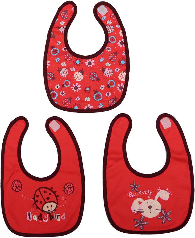 KABOOS Red Colour Cotton Velcro Bibs - Set of 3  (Red)