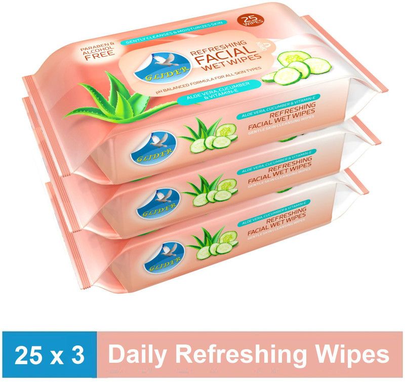 GLIDER Facial Wipes Enriched with Aloe Vera ,Cucumber & Vitamin E |Pack of 3 | 75 Wipes  (3 Wipes)