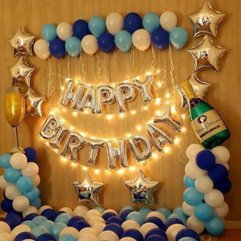 Nayugic Silver Birthday Foil with 100 Blue and White HD Metallic Balloons, 8 Silver Stars, 1 Champagne Bottle and Glass,1 balloon Pump, 1 Decor Ribbon and 1 LED Decoration fairy Light (Pack of 126) (Set of 126)  (Set of 126)