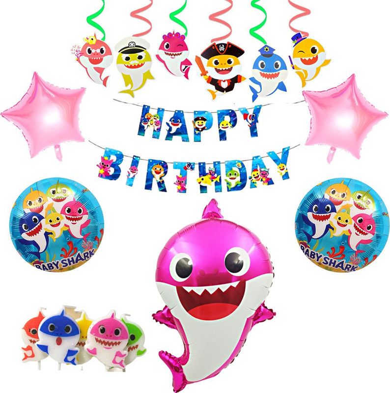 FLICK IN Baby Shark Theme Birthday Decorations Aqua Sharks Swirls Pink Shark Foil Set  (Set of 23)