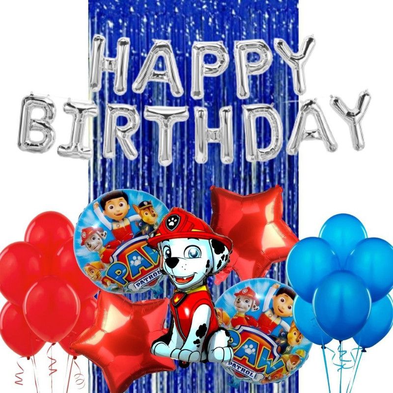 Wonder Paw Patrol Marshall Birthday Decoration 49 Pc Kit for Kids, Silver HBD Foil Balloon, 30 Red Blue Balloon, Blue Curtain  (Set of 49)