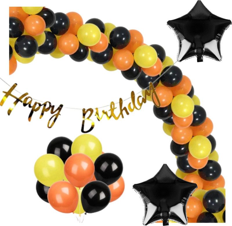 B4 Birthday Combo Gold Bunting + 30 Orange+Yellow+Black Balloon +2 Black Star  (Set of 33)