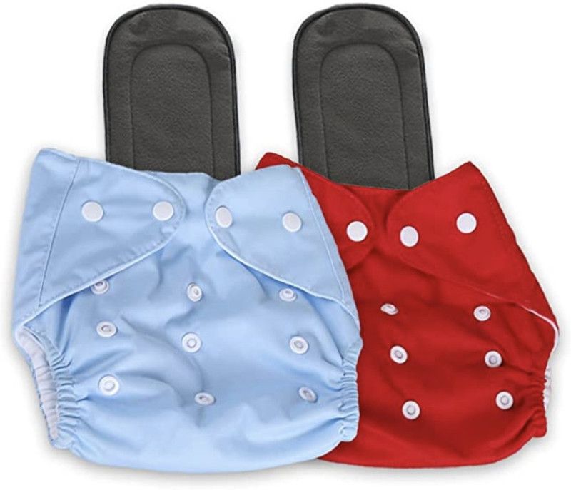 Stakipo Medium Cloth Button Diaper Combo - 2 diaper with black insert (skyblue red)