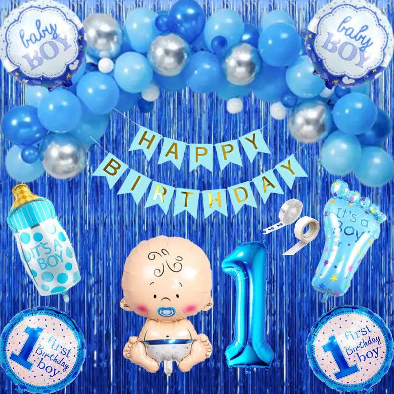 FLICK IN Happy 1st Birthday Decoration Kit Baby Boy Foil First Birthday Decorations Boy  (Set of 53)