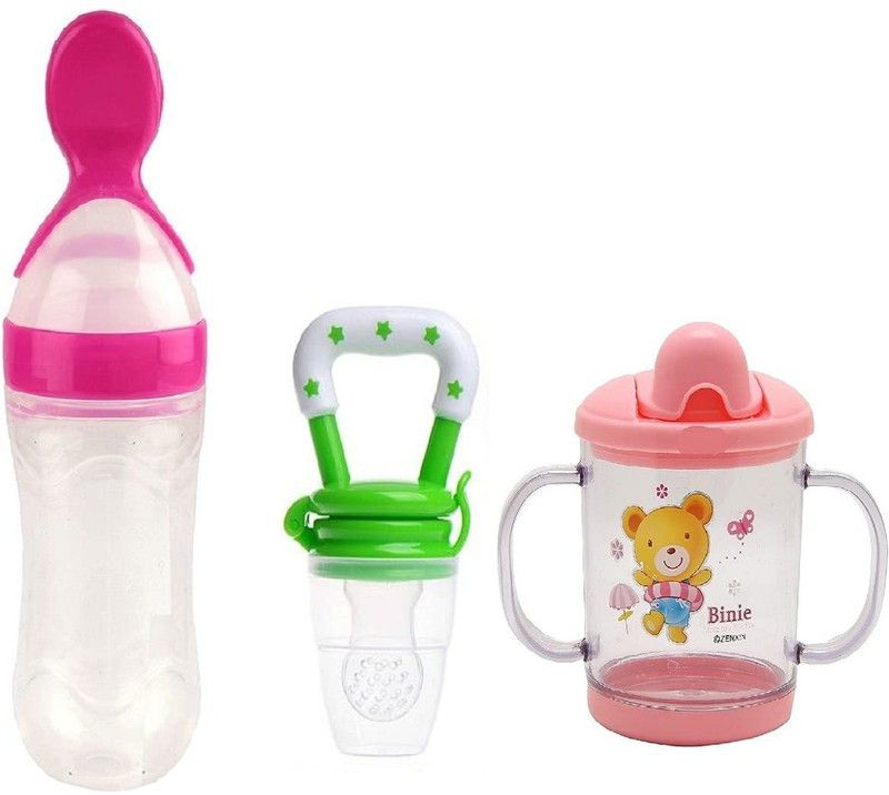 GRAYSEE Combo of 3 Baby Safe Silicone Squeeze Fresh Food Feeder Bottle with Food Dispensing Spoon, Infant Food Nibbler Teething Toy Feeding Pacifier and Plastic Sipper Cup-240ml (Multi 10) - 240 ml  (Combo-Multi 11)