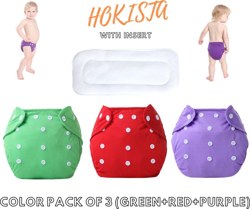 Hokista Pack Of 3 Reusable Cloth Diapers Washable, Adjustable Size with Insert Pads