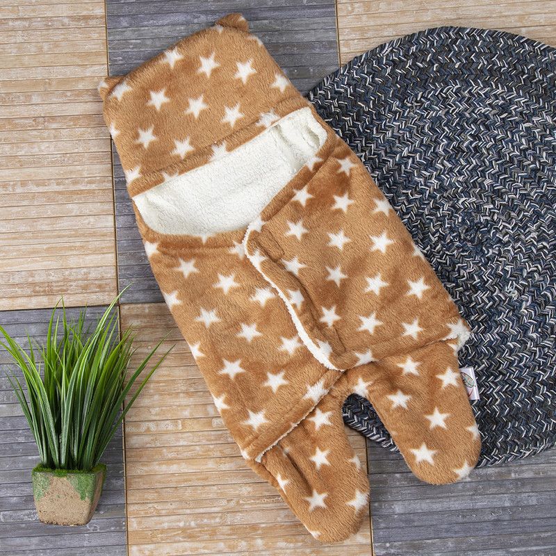 HIMYUG Printed Crib Hooded Baby Blanket for Heavy Winter  (Woollen Blend, Brown)