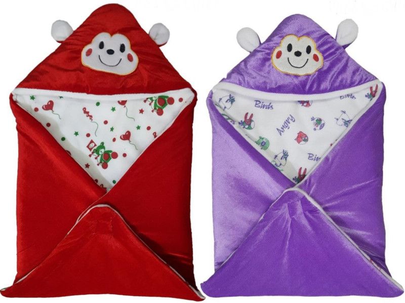 BRANDONN Cartoon Single Hooded Baby Blanket for AC Room  (Satin, Purple, Red)