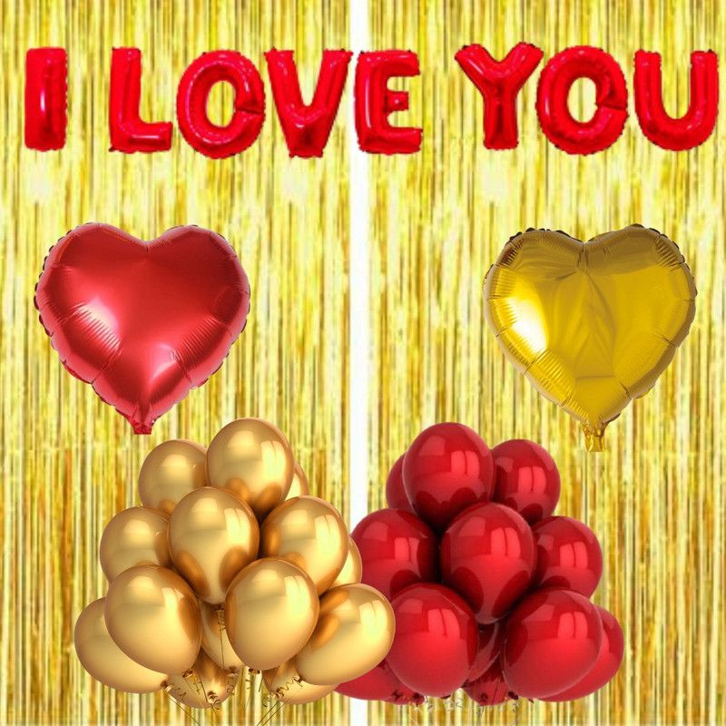 B4 16in ILOVEYOU 30 Red Gold Balloon 1 Gold,1 Red Heart + 2 Gold Curtain  (Set of 35)