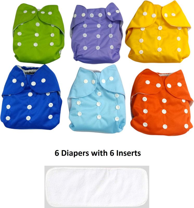 RAREGEAR 100% Cloth Reusable Baby Diaper with White Inserts(G+P+Y+B+SB+O)(Pack of 6)