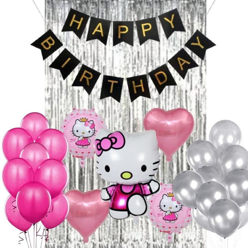 Wonder Hello Kitty Birthday Theme Decoration for kids Black Birthday Banner, Metallic Pink-Silver Party Balloons, Silver Curtain 47 Pc  (Set of 47)