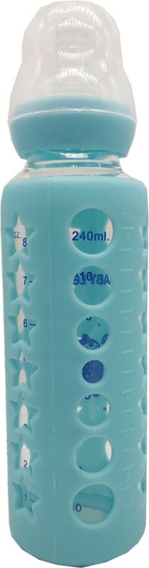 Te Quiti baby feeding bottle (240) ML boot/round bottle with nipple & rubber grip bottle for kids sip sipper glass water & milk bottles with BPA-Free for Girls Boys Kids sipper - (Blue)  (Blue)