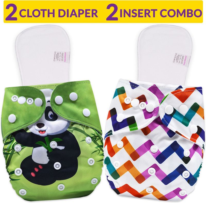 Bembika Cloth Diapers for Babies, Washable Reusable, Adjustable Sizes (2 Combo) (2 Dry Feel Inserts Included) (Zig Zig + Panda)