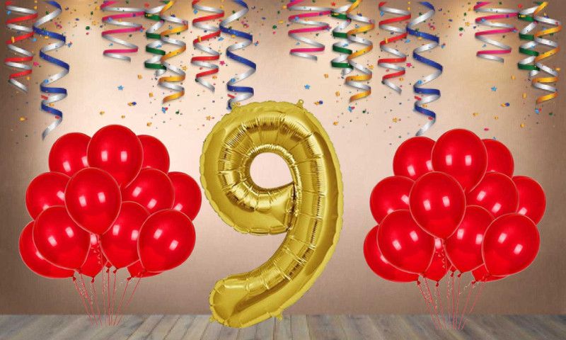 Balloonistics Gold Number 9 Foil Balloon and 25 Nos Red Metallic Shiny Latex Balloon  (Set of 1)