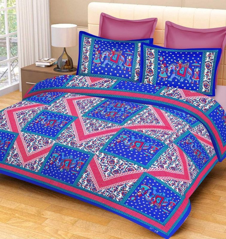 Shivay Short s 240 TC Cotton Double Jaipuri Prints Flat Bedsheet  (Pack of 1, Blue, Multicolor)