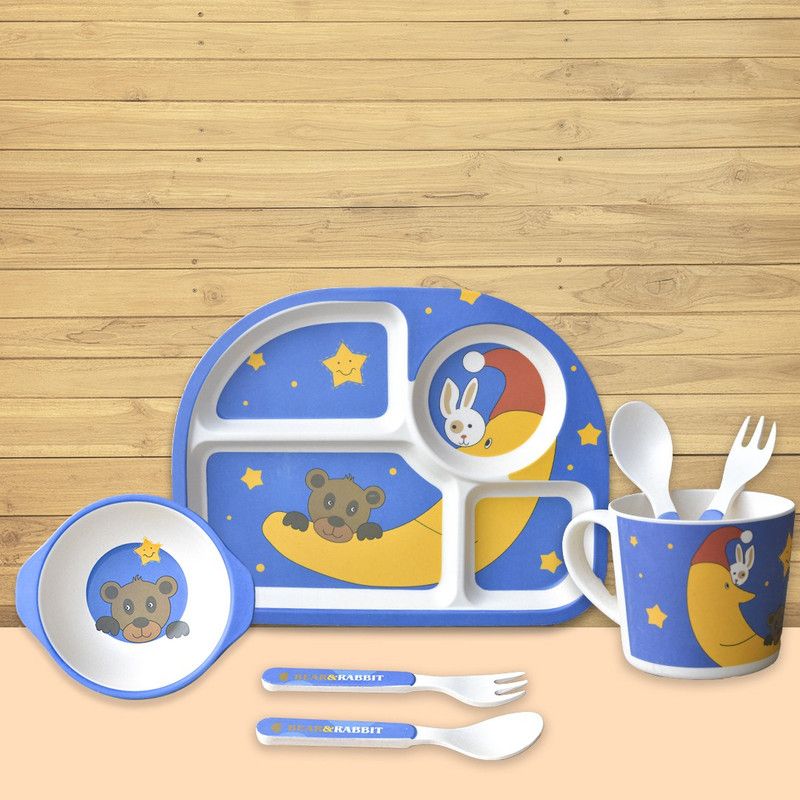 Miss & Chief Eco Friendly Bamboo Fibre 5 Pcs Kids Dining Set (Pink Rabbit) - Bambofiber  (Blue)