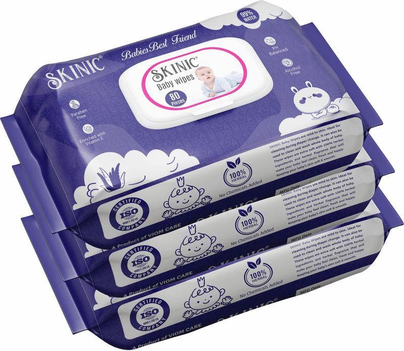 skinic Herbal Baby Wipes | Alcohol Free | Chemical Free (80 Pulls) PACK OF 3  (3 Wipes)