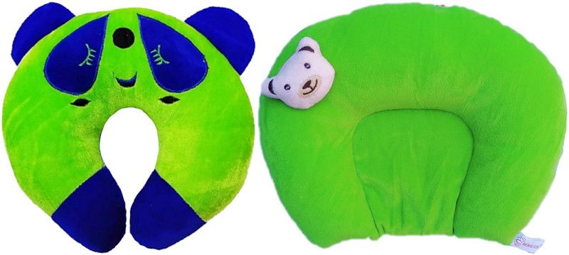 MOM & SON Polyester Fibre, Mustard Seeds Animals Baby Pillow Pack of 2  (Green & Blue)