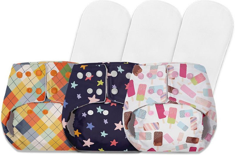 Basic Pack of 3 Diapers with 3 Dry feel Inserts | Freesize Pocket cloth diapers | Reusable cloth diapers for babies - Fits babies from 0-3 years - 5-17kgs | Option 4